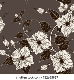 Hibiscus flower pattern by hand drawing.Tattoo art highly detailed in line art style.Flower seamless pattern on vintage background.