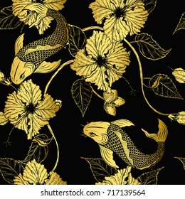 Hibiscus flower pattern by hand drawing.Tattoo art highly detailed in line art style.