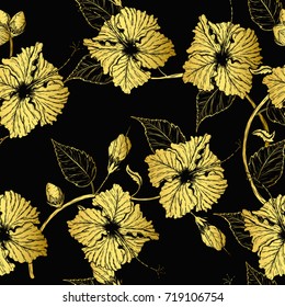 Hibiscus flower pattern by hand drawing.Tattoo art highly detailed in line art style.