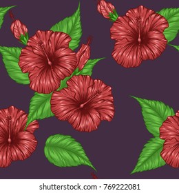 Hibiscus flower pattern by hand drawing.Tattoo art highly detailed in line art style.Red flower seamless pattern on batik cloth.Beautiful flower for wallpaper.