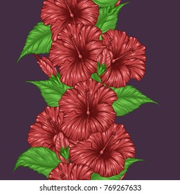 Hibiscus flower pattern by hand drawing.Tattoo art highly detailed in line art style.Red flower seamless pattern on batik cloth.Beautiful flower for wallpaper.