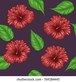 Hibiscus flower pattern by hand drawing.Tattoo art highly detailed in line art style.Red flower seamless pattern on batik cloth.Beautiful flower for wallpaper.