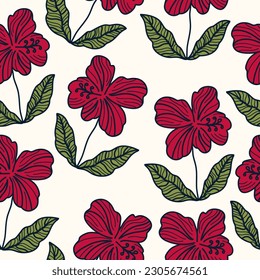 Hibiscus Flower Pattern. Hand Drawn Seamless Floral Pattern