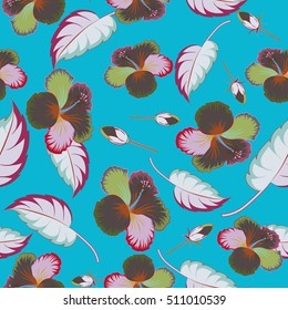 Hibiscus flower pattern on a blue background in a trendy vector style. Hawaiian tropical natural floral seamless pattern.