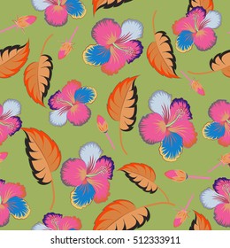 Hibiscus flower pattern on a green background in a trendy vector style. Hawaiian tropical natural floral seamless pattern.
