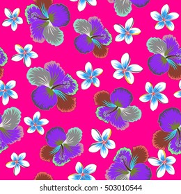 Hibiscus flower pattern on a magenta background in a trendy vector style. Hawaiian tropical natural floral seamless pattern.