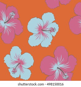 Hibiscus flower pattern on a orange background in a trendy vector style. Hawaiian tropical natural floral seamless pattern.