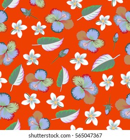 Hibiscus flower pattern on a orange background in a trendy vector style. Hawaiian tropical natural floral seamless pattern.