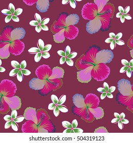 Hibiscus flower pattern on a purple background in a trendy vector style. Hawaiian tropical natural floral seamless pattern.