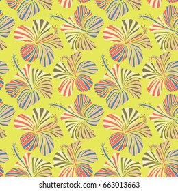 Hibiscus flower pattern on a yellow background in a trendy vector style. Hawaiian tropical natural floral seamless pattern.
