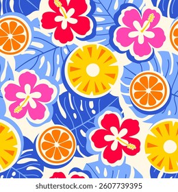 Hibiscus flower, pineapple, orange and monstera leaf seamless pattern design for summer holidays background.