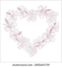 Hibiscus flower pink hearts wreath. Can be used for wedding invitations, greeting cards, scrapbook, print, gift wrap. Hand drawn line art vector illustration.