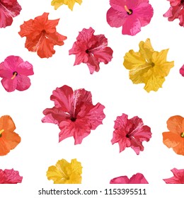 Hibiscus flower red and yellow. Tropical flowers seamless pattern colorful isolated hand drawn plants. Vector illustration