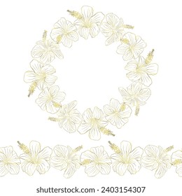 Hibiscus flower seamless boarder and circle wreath for wedding invitations, greeting cards, scrapbook, print, gift wrap, manufacturing Hand drawn line art golden foil vector illustration.