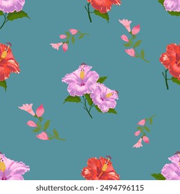 hibiscus flower Seamless pattern with different flowers and isolated hibiscus flower on green background