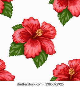 Hibiscus flower seamless pattern. Exotic tropic floral print design. Hibiscus blossom, Chinese or Sudan Rose.