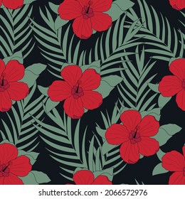 Hibiscus flower seamless pattern. Exotic floral print. Vector flowers on a dark background. Garden botanical design for fabric, cover, fashion.