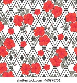 Patrón sin foco de flor Hibiscus con forma geométrica. Ornamento de verano para tela. Gitano Stile. Fondo del vector.