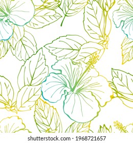 Hibiscus flower seamless pattern. Hand drawn sketch style. Line art. Mallow Chinese Rose. Herbal tea. Hawaii. Colourful Tropical background for paper, textile, wrapping and wallpaper.