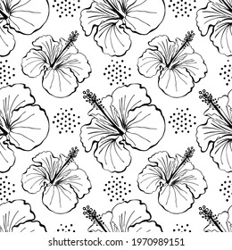 Hibiscus flower seamless pattern. Hand drawn sketch style. Line art. Mallow Chinese Rose. Herbal tea. Hawaii. Tropical background for paper, textile, wrapping and wallpaper. Vector illustration.