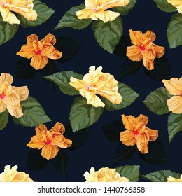 Hibiscus  flower seamless pattern on navy blue background-vector illustration
