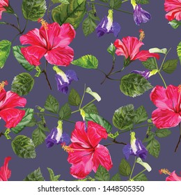 Hibiscus flower seamless pattern on purple background - vector illustration