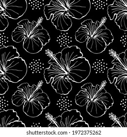 Hibiscus flower seamless pattern on black. Hand drawn sketch style. Line art. Mallow Chinese Rose. Herbal tea. Hawaii. Tropical Vector background for paper, textile, wrapping and wallpaper.