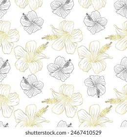 Patrón sin fisuras de la flor del hibisco para el diseño textil, scrapbook, Fondo de pantalla. Fondo floral tropical dibujado a mano negro y dorado