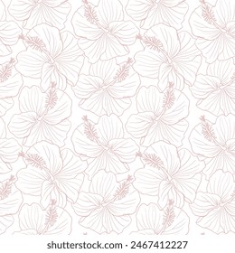 Hibiscus flower seamless pattern for textile design, scrapbook, wallpaper. Line art hand drawn tropical floral background.