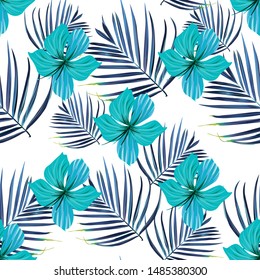 Hibiscus flower. Seamless tropic pattern. Palm background