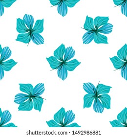 Hibiscus flower. Seamless tropic pattern. Palm background