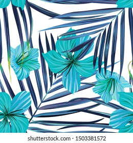 Hibiscus flower. Seamless tropic pattern. Palm summer background