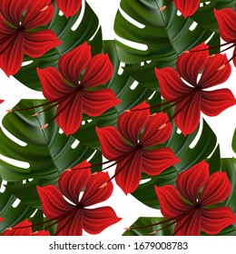 Hibiscus flower. Seamless tropic pattern. Palm background.