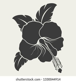 Hibiscus flower shape with leaves. Black and white bud. Flower design element. Vector illustration.