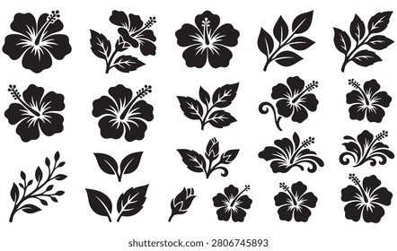 Hibiscus Flower Silhouette Vector Collection, Tropical Hibiscus Floral Icon Set