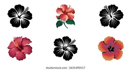 Hibiscus, Hibiscus flower silhouettes, Hibiscus flower black color illustration, A watercolor vector of a set of hibiscus flowers, isolated on a white background.