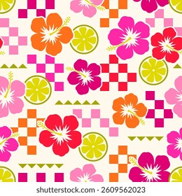 Hibiscus flower and sliced lime with checkered seamless pattern design for summer holidays background.