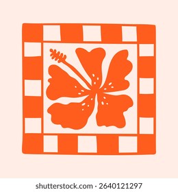Hibiscus flower stamp, hand drawn Amalfi coast summer doodle print. Beach, marine and Mediterranean vibes. Retro postcard clipart in coastal naive design. Perfect for travel, fashion, and decor.