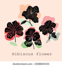 Hibiscus flower tropical exotic black vector engraving tattoo set silhouette drawing illustration.Hawaiian floral plant stencil design element.Plotter laser cutting.Cut file.Logo.Shirt Print.DIY art