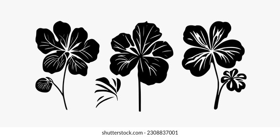 Hibiscus flower tropical exotic black white engraving tattoo set silhouette drawing illustration.Hawaiian floral plant stencil design element.Plotter laser cutting.Cut file.Logo.Shirt Print.DIY art