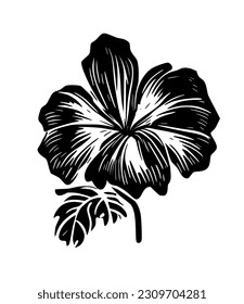 Hibiscus flower tropical exotic black white engraving tattoo silhouette drawing illustration.Hawaiian floral plant stencil design element.Plotter laser cutting.Cut file.Logo.Shirt Print.DIY line art