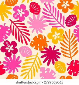 Hibiscus flower, tropical leaf and shell seamless pattern design for summer holidays background.