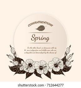 Hibiscus flower vector card by hand drawing.Flower vintage card on brown background