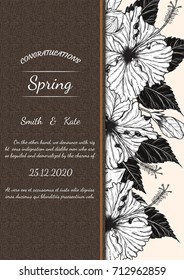 Hibiscus flower vector card by hand drawing.Flower vintage card on brown background