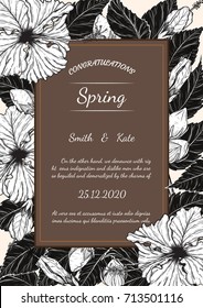 Hibiscus flower vector card by hand drawing.Flower vintage card on brown background