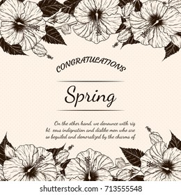Hibiscus flower vector card by hand drawing.Flower vintage card on brown background