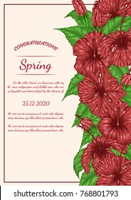 Hibiscus flower vector card by hand drawing.Beautiful flower on brown background.Red hibiscus art highly detailed in line art style.Flower tattoo on vintage paper.