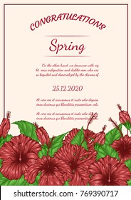 Hibiscus flower vector card by hand drawing.Beautiful Flower on brown background.Red hibiscus art highly detailed in line art style.Flower tattoo on vintage paper.