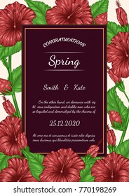 Hibiscus flower vector card by hand drawing.Beautiful flower on brown background.Red hibiscus art highly detailed in line art style.Flower tattoo on vintage paper.Red flower on vintage greeting card.