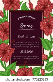 Hibiscus flower vector card by hand drawing.Beautiful flower on brown background.Red hibiscus art highly detailed in line art style.Flower tattoo on vintage paper.Red flower on vintage greeting card.